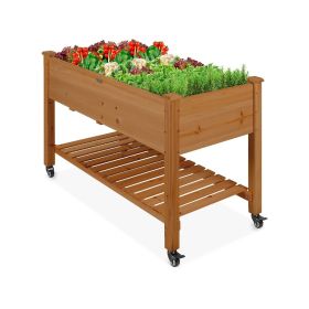 Outdoor Brown Wood Raised Garden Bed Planter Box with Shelf and Locking Wheels