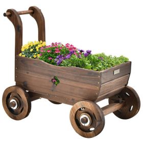 Decorative Wooden Wagon Cart with Handle Wheels and Drainage Hole-Rustic Brown