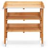 Solid Wood Outdoor Garden Bench Table with Bottom Storage Shelves and Metal Top