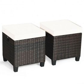 2 Pieces Patio Rattan Ottoman Set with Removable Cushions-Beige