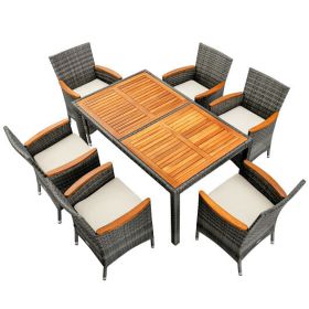 7 Pieces Patio Acacia Wood Cushioned PE Rattan Wicker Dining Set