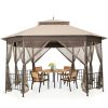 Outdoor 10 x 12 Ft Octagon Gazebo with Mosquito Net Sidewalls and Brown Canopy