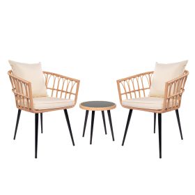 3 Piece Patio Bistro Set with Side Table, Outdoor PE Rattan Conversation Chair Set,Furniture of Coffee Table with Glass Top