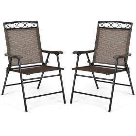 Set of 2 Patio Folding Chairs Sling Portable Dining Chair Set with Armrest