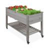 Outdoor Grey Wood Raised Garden Bed Planter Box with Shelf and Locking Wheels